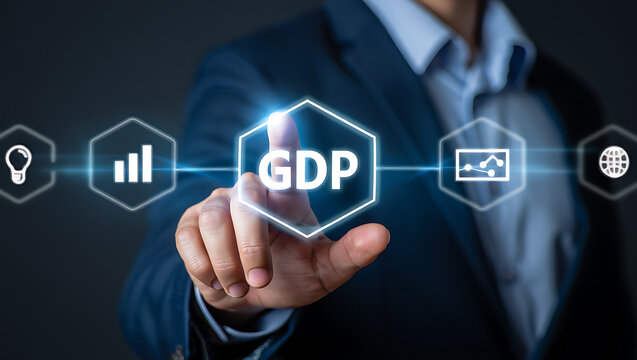 Businessman touching G D P icon with digital graph and lightbulb image