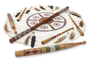 Decorated aboriginal instruments and feathers display