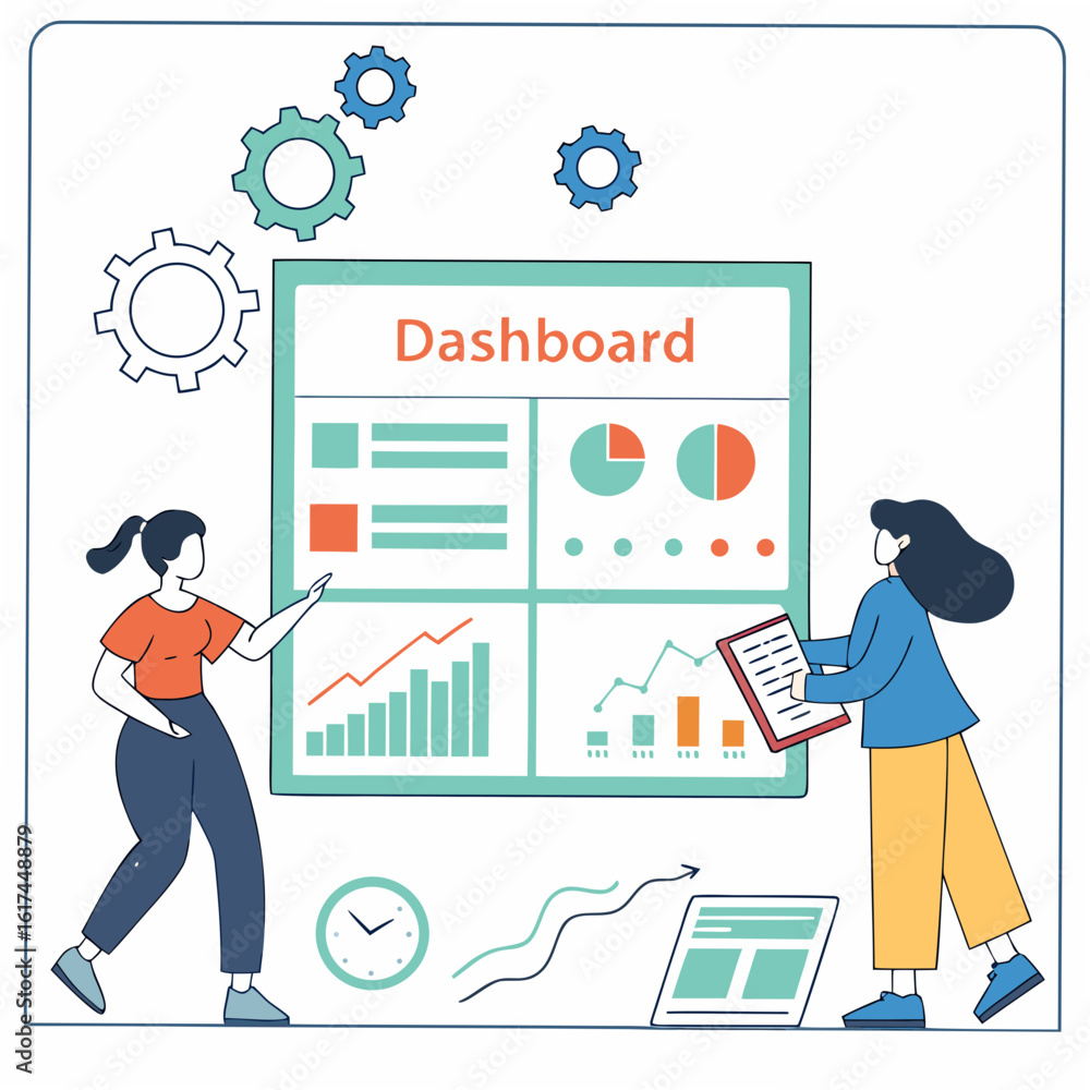 Poster two people analyzing a digital dashboard with charts graphs and data visualizations for business ins