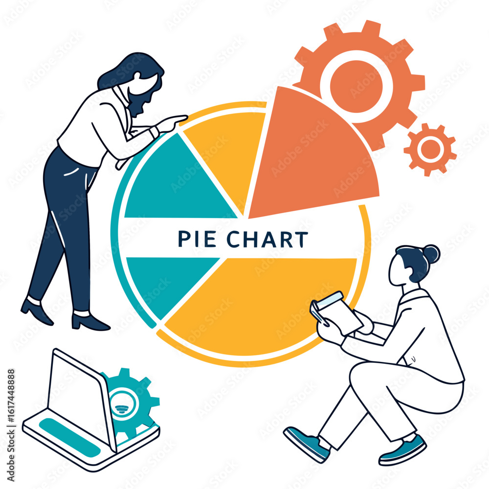 Poster business professionals analyze a colorful pie chart and gears representing data and strategy