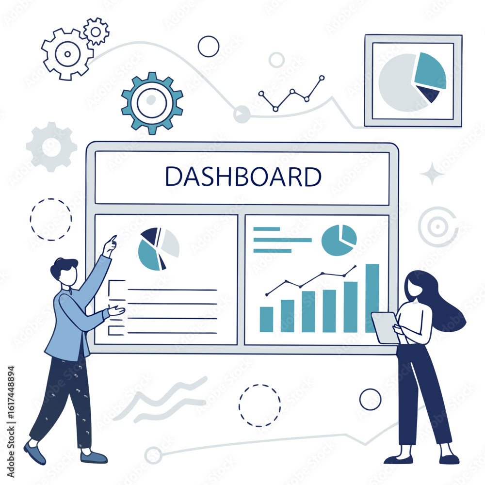 Poster business analytics dashboard with people analyzing charts and graphs for data presentation