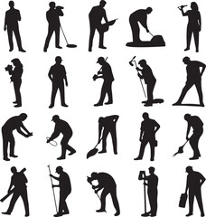 Obraz premium American Worker Silhouette IllustrationHardworking Laborer Silhouette VectorConstruction Worker with Tools SilhouetteStrong American Worker Outline ArtIndustrial Worker Silhouette Design