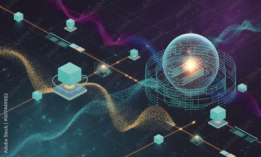 Aufkleber futuristic digital data flow network: abstract information processing, ai, big data & global connect