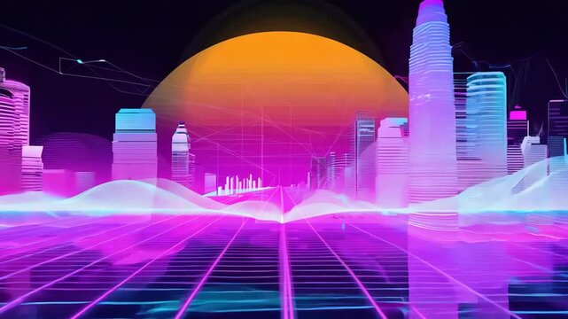 Futuristic neon synthwave animation loop with an 80s aesthetic and glowing digital grid
