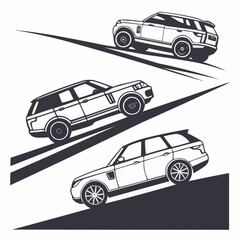 Three cars going up slopes