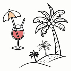Tropical island scene with palm trees and a refreshing cocktail with umbrella and straw