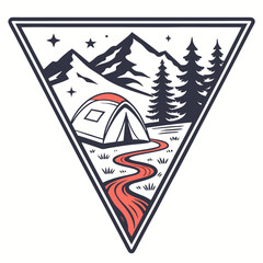 Stylized triangular badge featuring a campsite with a tent river pine trees and mountains under a starry night sky