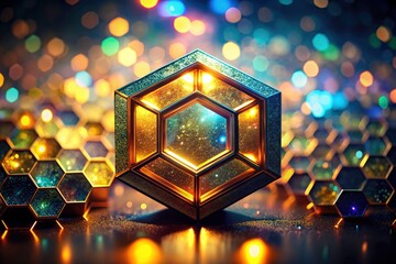 Golden Hexagon Shimmer Night Photography, Iridescent Bokeh, Sparkling Lights, Colorful Reflections