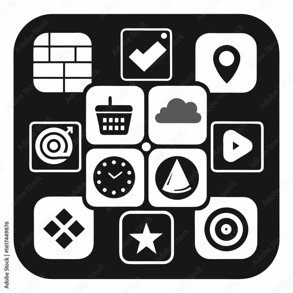 Poster collection of modern flat design icons representing various digital services and applications on a d