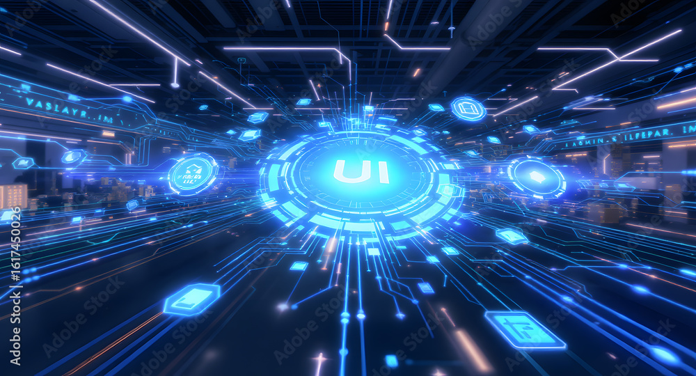 Poster futuristic digital user interface and circuitry background with glowing blue lines