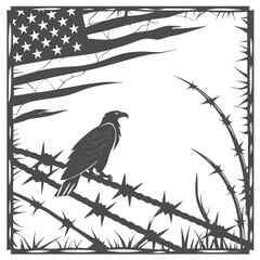 Majestic eagle perched on barbed wire against a tattered american flag background