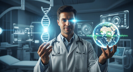 A male doctor in a lab coat presents a glowing Earth hologram, with a DNA helix and advanced medical technology in the background, representing global health...