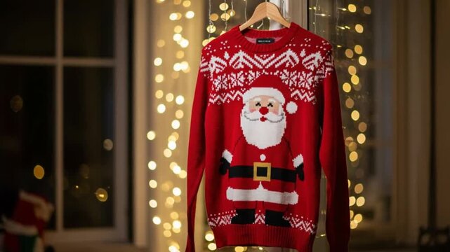 Christmas sweater with Santa Claus design hangs against a window with warm holiday lights