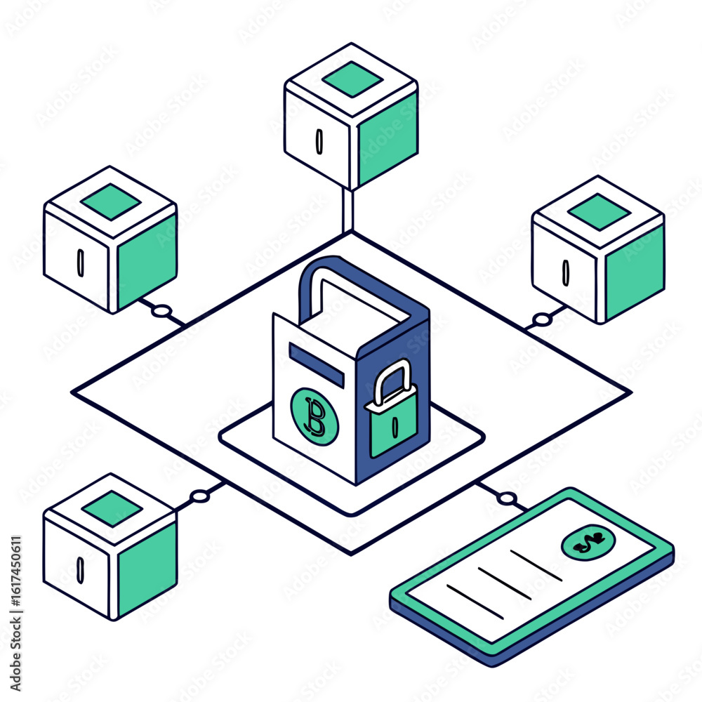 Aufkleber secure digital currency transactions and blockchain technology network illustration