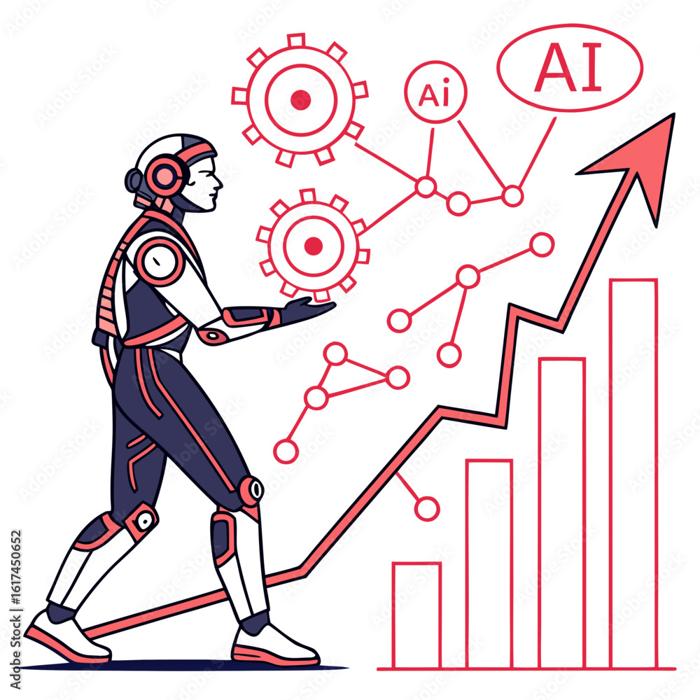 Poster humanoid robot interacting with ai network and upward trending growth chart symbolizing progress