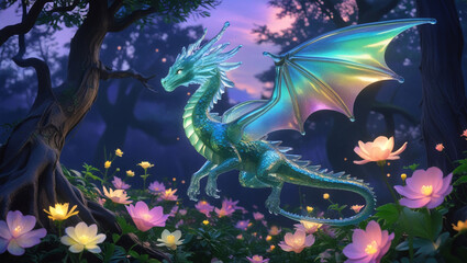 Fantasy crystal dragon flying in magical forest with flowers and trees digital art wallpaper background