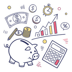 Doodle style illustration of financial elements including a piggy bank coins cash calculator and growth chart