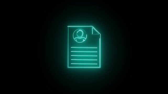 Neon CV Icon on Black Background. Glowing Curriculum Vitae Symbol in Neon. Neon Resume Document Icon.