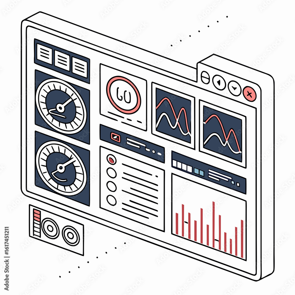 Poster modern digital dashboard interface displaying various graphs and gauges with a clean isometric desig