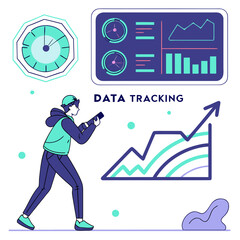 Person analyzing financial charts and data on a digital screen with graphs and analytics