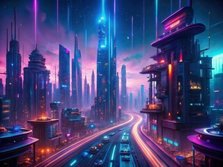 Futuristic Cityscape: Vibrant AI Generated Digital Art, High Depth of Field