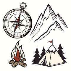 Camping adventure elements including a compass mountains campfire and tent with trees and flag