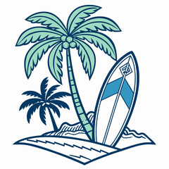 Stylized tropical island scene with two palm trees and a surfboard on a white background