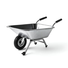 Single metal wheelbarrow with black rubber wheel and handles placed neatly on clean white background. Perfect for garden tool ads, farm visuals, and landscaping gear.