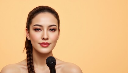 A person gazing directly with a microphone against a warm backdrop