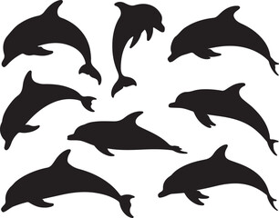 Diverse dolphin silhouettes leaping and swimming marine life ocean