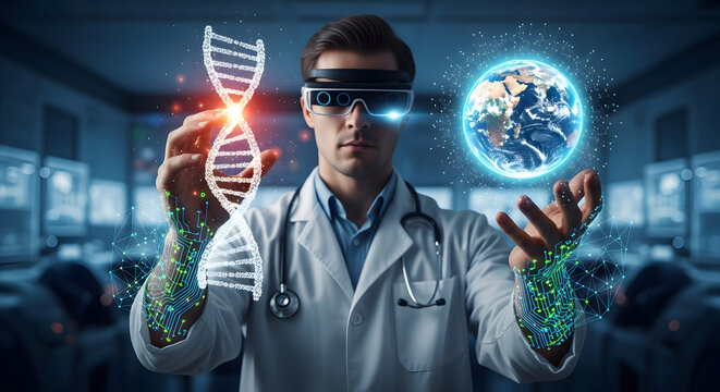 A doctor wearing VR glasses examines a DNA strand and a digital Earth, showcasing futuristic medical technology.
