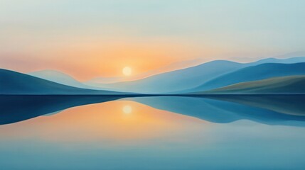 Fototapeta premium Calm lake reflecting mountain silhouettes at sunrise, creating a peaceful vista