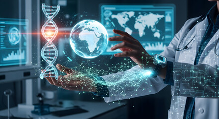 A scientist in a lab coat holding a globe and DNA model, with computer screens in the background.