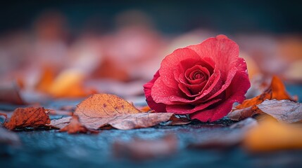 Elegant rose amidst fallen leaves: a symphony of colors and autumnal textures