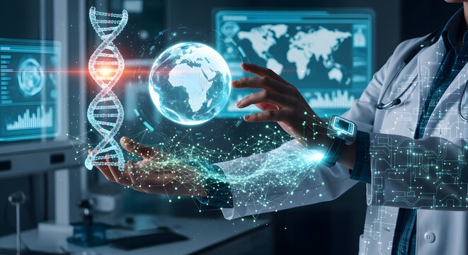 A scientist in a lab coat holding a globe and DNA model, with computer screens in the background. - Powered by Adobe