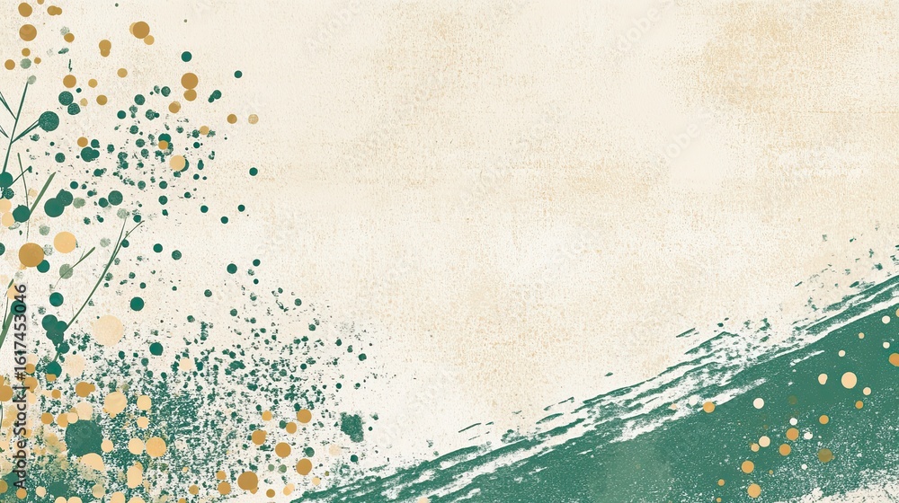Poster abstract design with textured paint strokes and scattered dots.