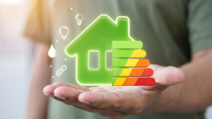 Green house energy rating with colorful bars and icons image