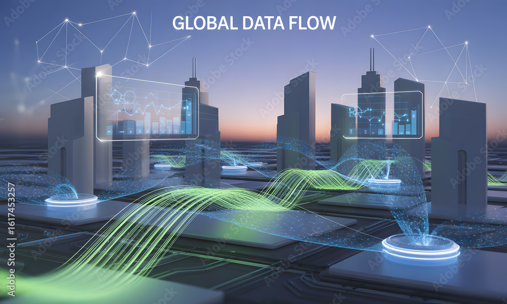 Poster global data flow in futuristic smart city network with digital connectivity and information exchange