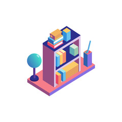 Isometric illustration of a bookshelf with a tree and pen holder