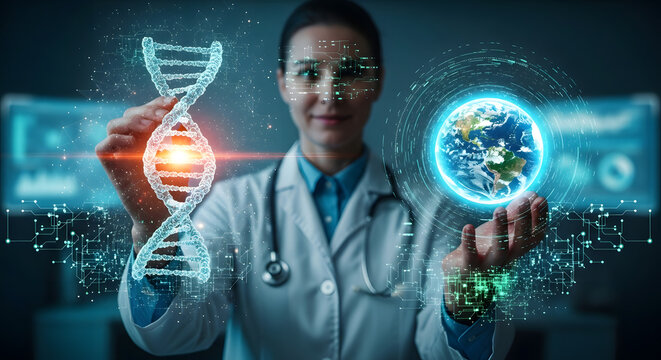 A female doctor holds a DNA strand and a glowing Earth, symbolizing scientific advancements. - Powered by Adobe