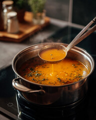 A close up of a pot of soup on a stove with a ladle pouring soup into the pot above