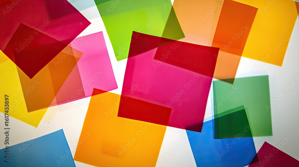 Poster colorful overlapping squares of translucent material.