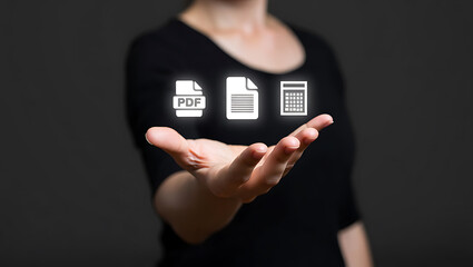 Hand holding digital document and calculator icons image