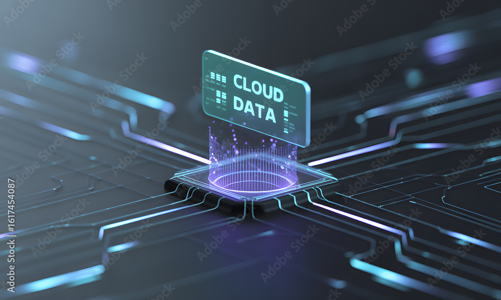 Aufkleber futuristic cloud data concept on digital processor with glowing circuit board connections