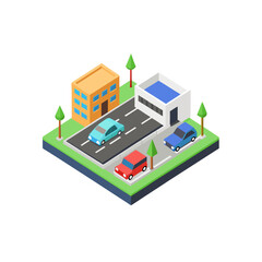 Isometric city scene with buildings cars and trees