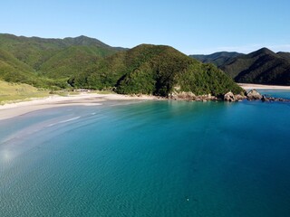 Drone view of Tomari Beach in Takahama, Fukue Island, Goto Islands, Nagasaki Prefecture, Japan

