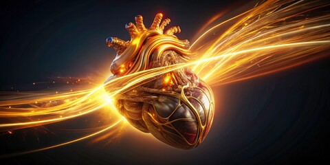 Golden Heart: 3D Rendered Anatomical Heart Long Exposure Photography - Abstract Medical Art