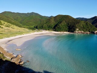Drone view of Tomari Beach in Takahama, Fukue Island, Goto Islands, Nagasaki Prefecture, Japan

