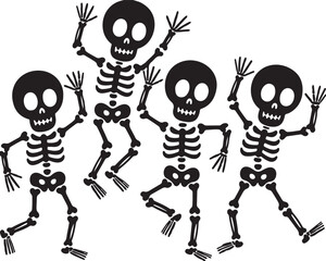 Four dancing skeletons silhouette black white