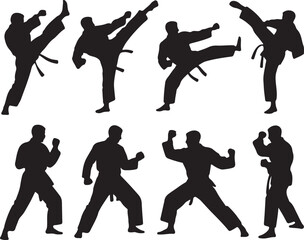 Obraz premium Martial artists executing kicks and punches in silhouette martial arts karate